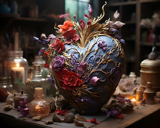 Foto belo vaso em forma de coração com flores coloridas e velas