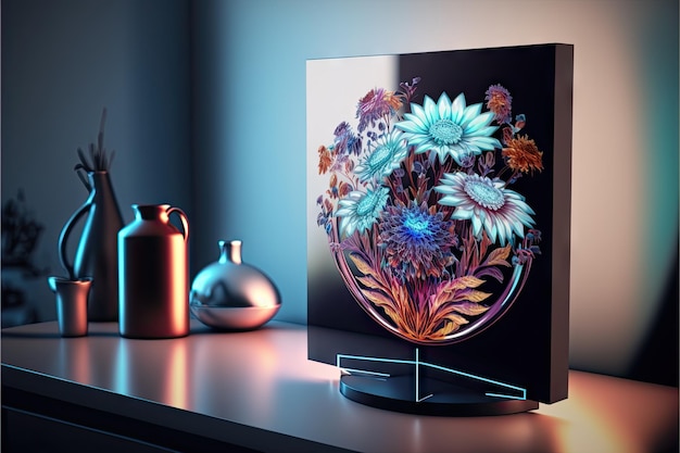 Belo vaso tridimensional holograma de flores na mesa em uma sala moderna criada com generative ai