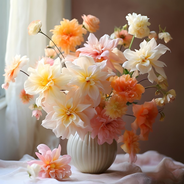 Belos arranjos de flores brancas e laranjas com vaso na janela