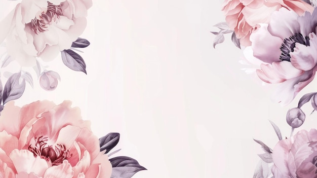 Belos arranjos de flores cor-de-rosa e roxa sobre um fundo branco e com espaço para o seu texto