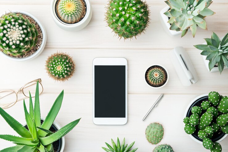 Foto belos arranjos de suculentas e cactos com um smartphone e papelaria em uma mesa