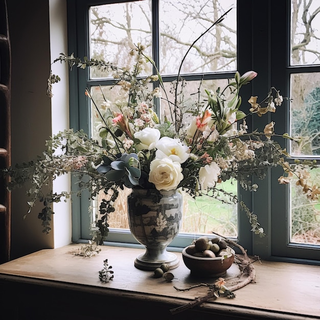 Belos arranjos florais com plantas e flores botânicas de inverno, outono ou início da primavera