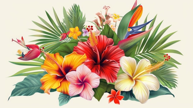 Belos arranjos florais tropicais com palmeiras de hibisco pássaro do paraíso Ilustrações modernas impressionantes Elementos gráficos editáveis