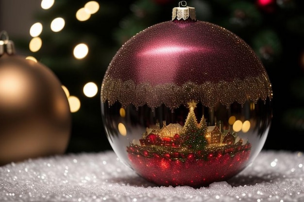 Belos azul de Natal e fundo dourado com neve x árvore de Natal dentro de bola de Natal bauble