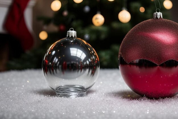 Belos azul de Natal e fundo dourado com neve x árvore de Natal dentro de bola de Natal bauble