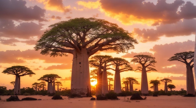 Belos baobabs ao pôr-do-sol na avenida dos baobabs, em Madagascar