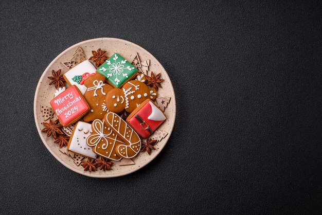 Foto belos biscoitos de pão de gengibre de natal de diferentes cores em uma placa de cerâmica