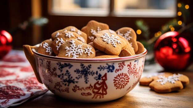 Foto belos biscoitos de pão de gengibre decorados com um tema de natal generative ai