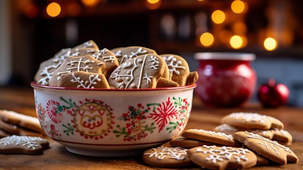 Foto belos biscoitos de pão de gengibre decorados com um tema de natal generative ai
