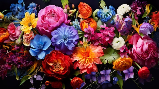 Belos bouquets de flores misturadas coloridas e vívidas detalhe da natureza morta