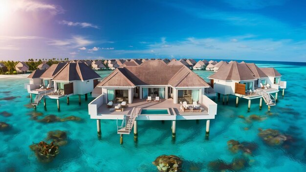 Belos bungalows sobre a água no oceano na ilha das Maldivas