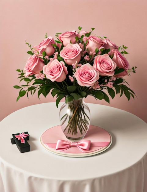 Belos buquês de flores rosas em vaso e caixa de presente em forma de amor com arco de cetim em fundo pastel