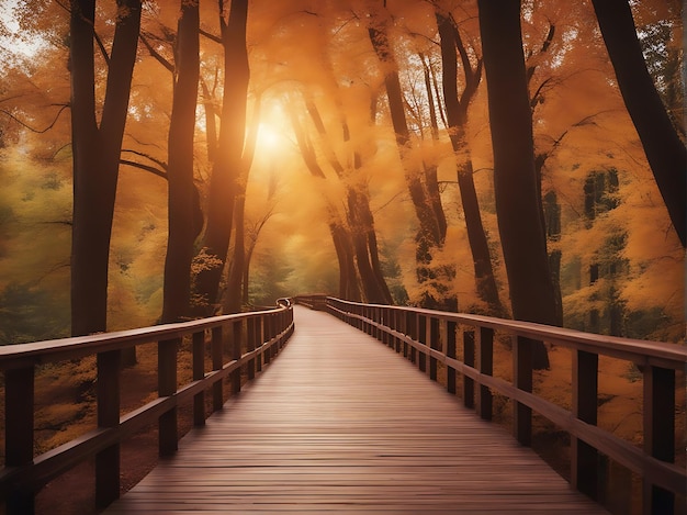 Foto belos caminhos de madeira indo as árvores coloridas de tirar a respiração em uma floresta