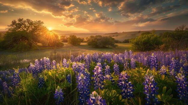 Belos campos de bluebonnet do Texas ao pôr-do-sol em Muleshoe Bend, com flores coloridas de Bluebonnet