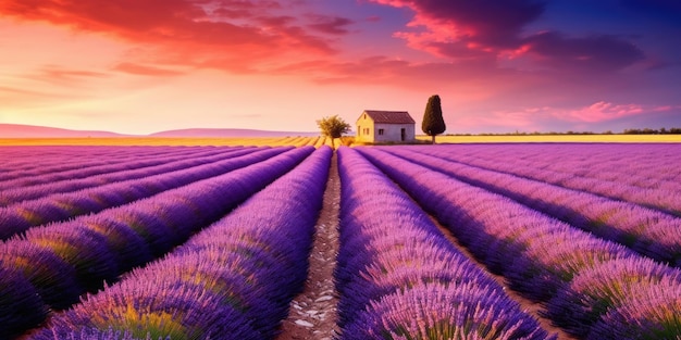 Belos campos de lavanda roxa ao pôr-do-sol Valensole Provence França Europa