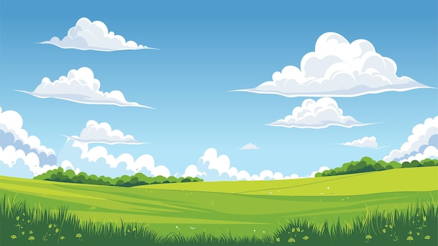 Belos campos de verão paisagem com um amanhecer prados verdes cores brilhantes céu azul país ilustração vetorial de fundo