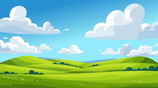 Belos campos de verão paisagem com um amanhecer prados verdes cores brilhantes céu azul país ilustração vetorial de fundo