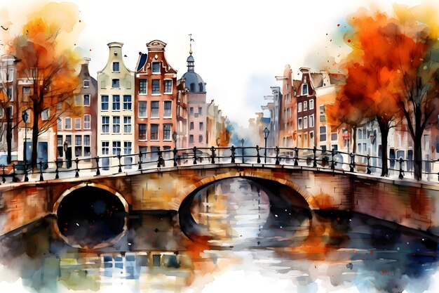 Foto belos canais de amsterdã em estilo de pintura a aquarela