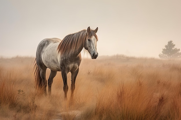 Belos cavalos selvagens Mustang espanhóis nas dunas da Carolina do Norte na névoa de outono Majestic Domestic