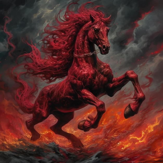 Belos cavalos vermelhos de fogo criando fundo nublado em chamas AI Arte gerada