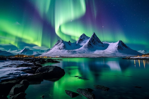Belos cenários de aurora boreal no céu noturno das ilhas Tromsø Lofoten, na Noruega