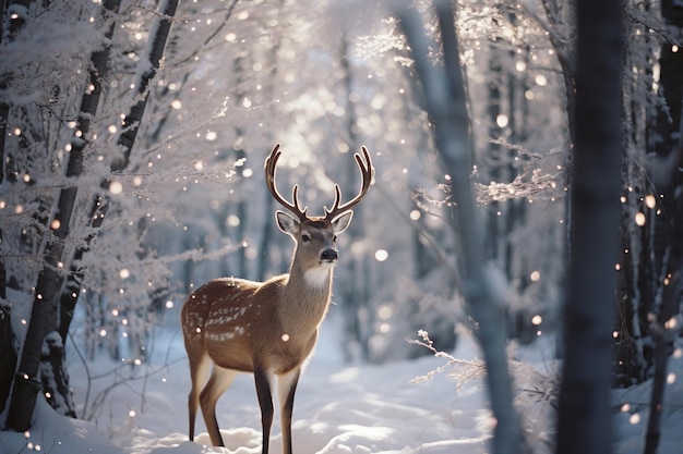 Belos cervos na floresta de inverno Cervos na Floresta de inverno com neve AI gerada