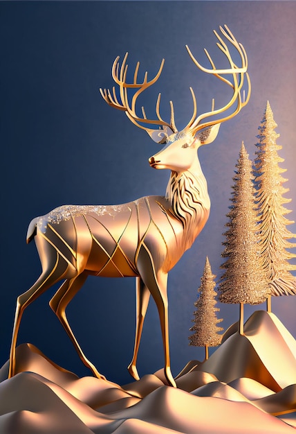 Belos cervos nórdicos dourados com abetos na montanha Ilustração generativa ai