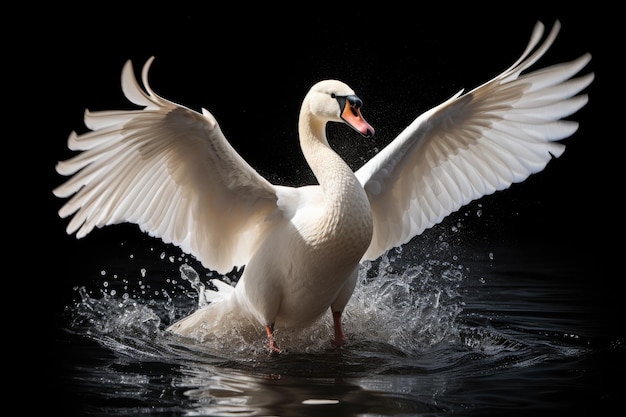 Belos cisnes brancos batem as asas salpicando gotas de água no rio ou lago pássaros graciosos mostram asas em preto