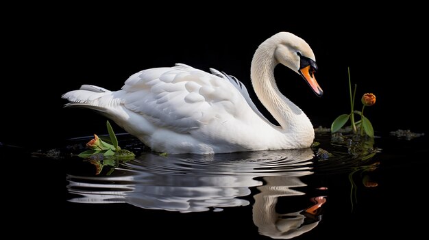 Foto belos cisnes brancos em um fundo escuro luz suave