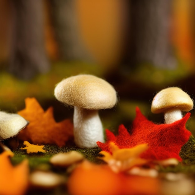 Foto belos cogumelos de outono cercados por folhas de outono no chão da floresta estilo de feltragem de lã