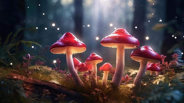 belos cogumelos vermelhos em uma floresta à noite no estilo de vray