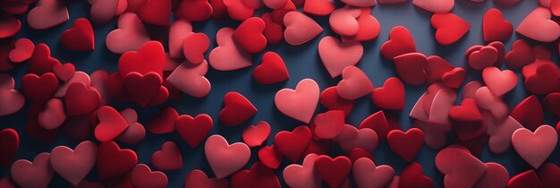 Belos corações vermelhos em fundo azul bandeira Dia dos Namorados cabeçalho web panorâmico com espaço de cópia