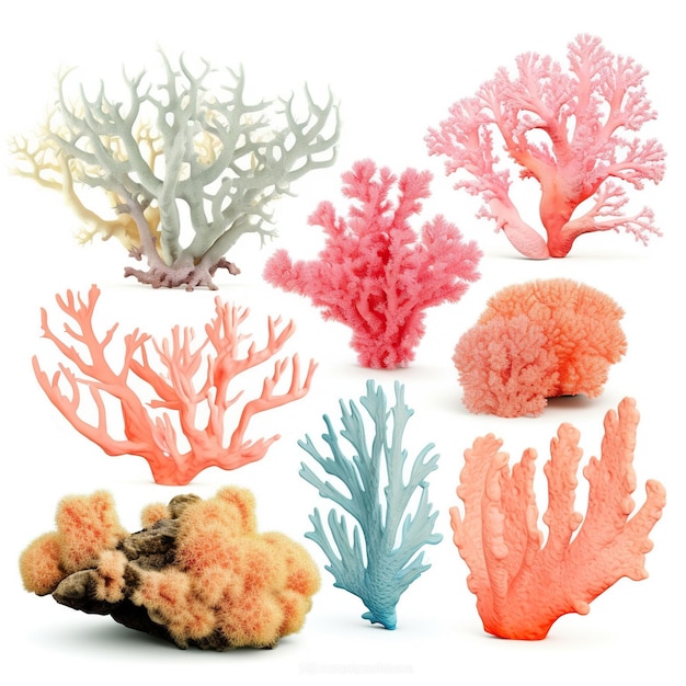 Belos corais coloridos isolados no fundo branco Conjunto de coleção Vida marinha subaquática Cores pastel Generative AI