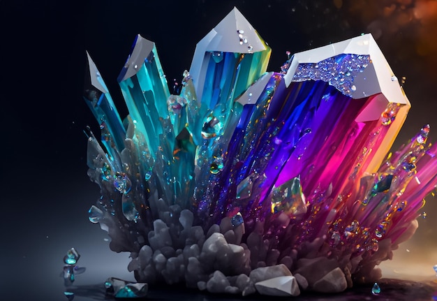 Belos cristais coloridos com gotas de água em um fundo escuro