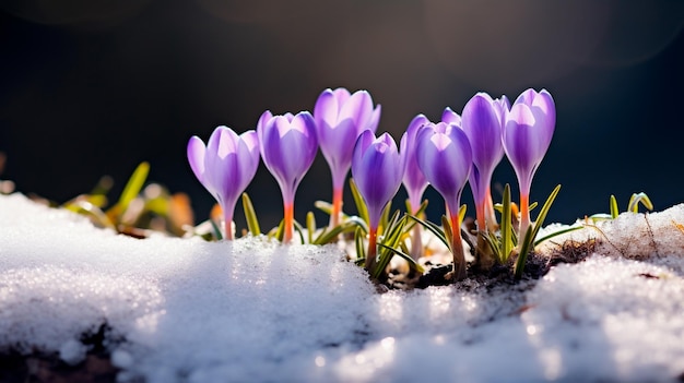 belos crocus roxos na neve