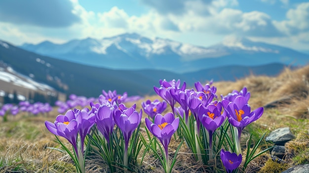 Belos crocuses florescendo nos Cárpatos