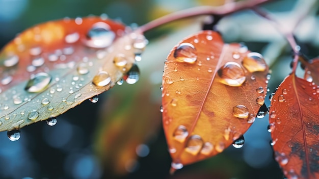 Belos de outono manhã orvalho natureza fundo Outono close-up folhagem brilhante com gotas de água