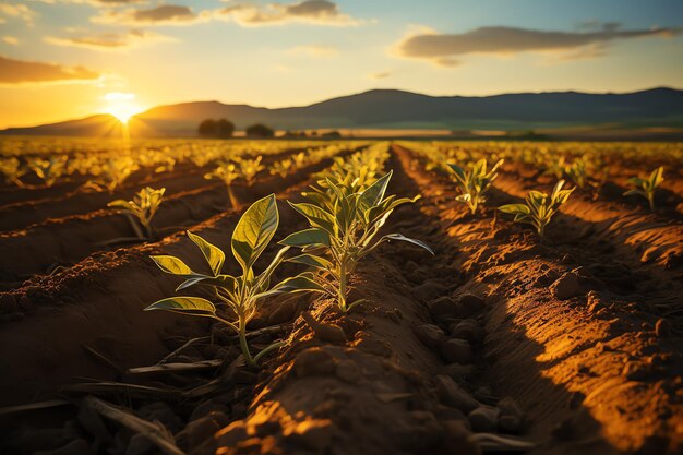 Belos de um campo de chá plantação vinha fazenda ou jardim de morango na colina verde ao nascer do sol