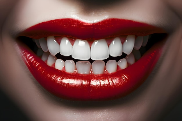 Belos dentes brancos de boca de mulher com lábios pintados Rede neural gerada em maio de 2023 Não baseado em nenhuma cena ou padrão de pessoa real