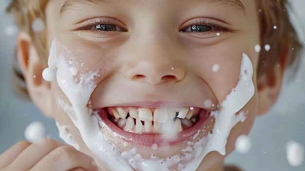 Foto belos dentes de leite brancos uma criança satisfeita e cuidados dentários para crianças sorrisos perfeitos para crianças ia generativa