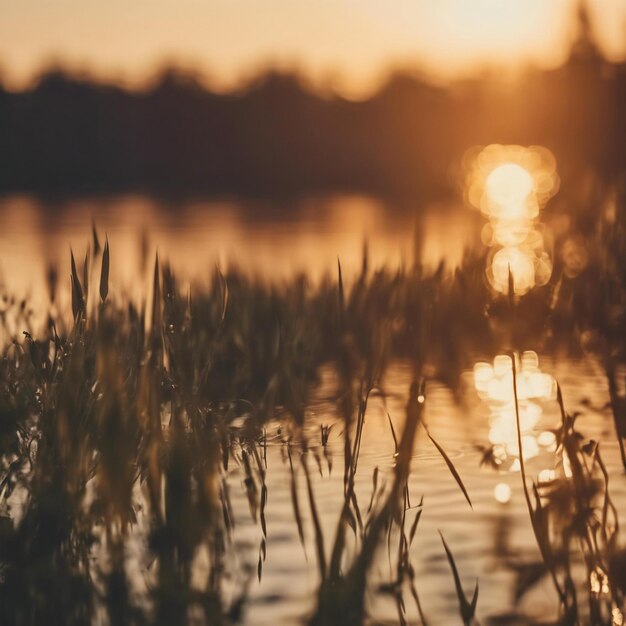 Belos detalhes de verão, nascer do sol, hora de ouro sobre o lago.