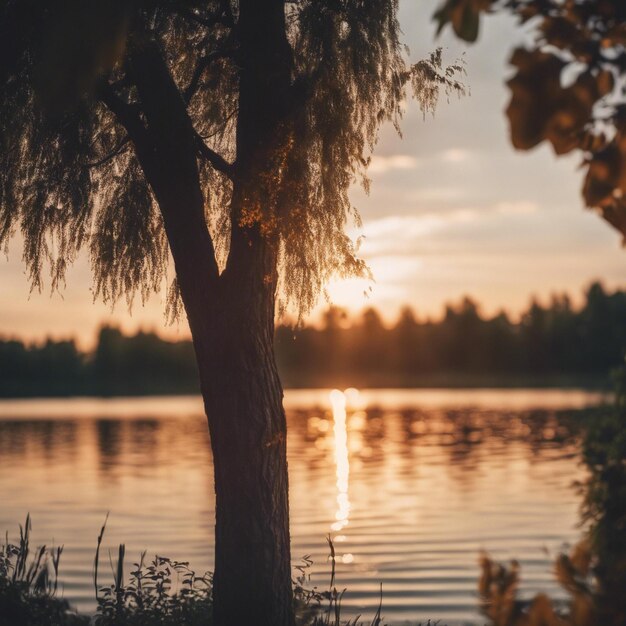 Belos detalhes de verão, nascer do sol, hora de ouro sobre o lago.