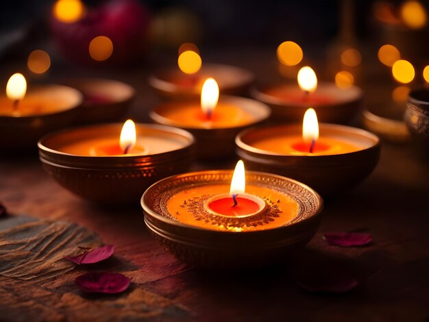 Belos dia de diwali com velas queimadas em fundo escuro