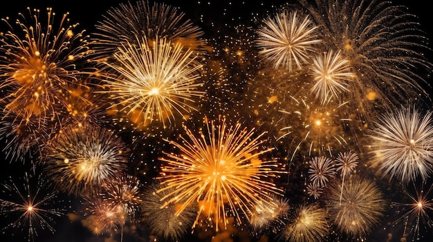 Belos e coloridos fogos de artifício no céu à noite para celebração feliz festa de ano novo e copiar o espaço