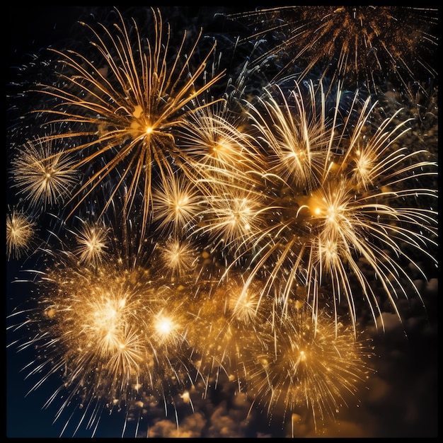 Belos e coloridos fogos de artifício no céu à noite para celebração feliz festa de ano novo e copiar o espaço