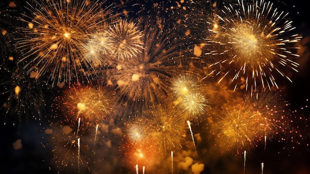 Belos e coloridos fogos de artifício no céu à noite para celebração feliz festa de ano novo e copiar o espaço