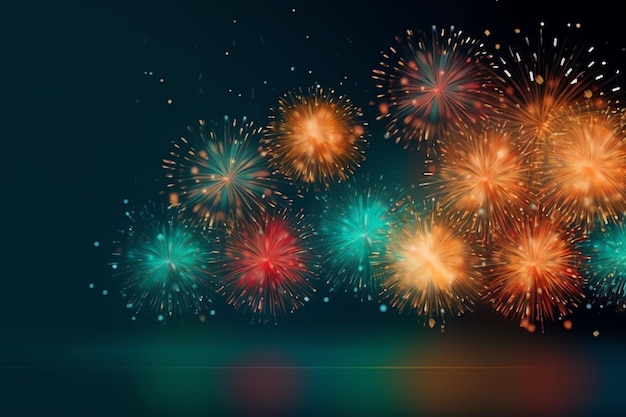 Belos e coloridos fogos de artifício no céu à noite para celebração feliz festa de ano novo e copiar o espaço