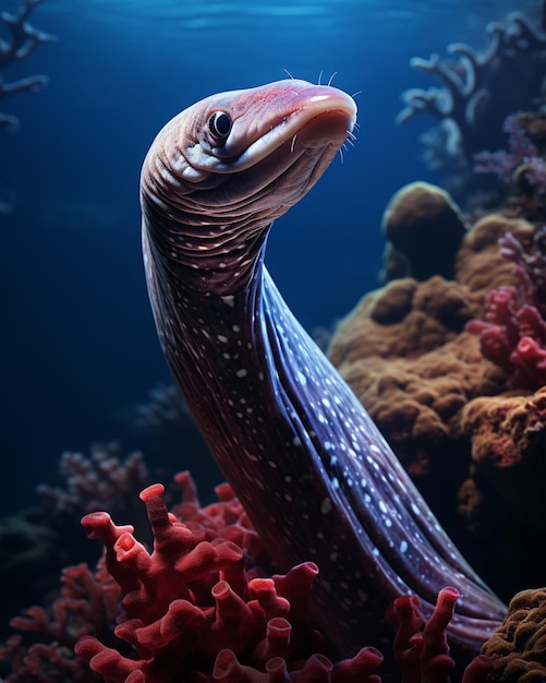 Belos e coloridos peixes Conger Eel na água com plantas coloridas Foto gerada por IA