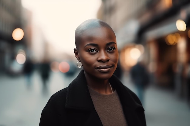 Belos e realistas retrato de jovem feliz mulher careca na rua da cidade olhando para a câmera confiante garota elegante ao ar livre com espaço de cópia orgulhoso e satisfeito mulher curva preta de pé na rua