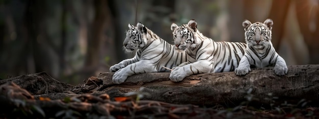 Belos filhotes de tigre de Bengala branco na floresta por tronco caído ao ar livre natureza selvagem fundo Wide web
